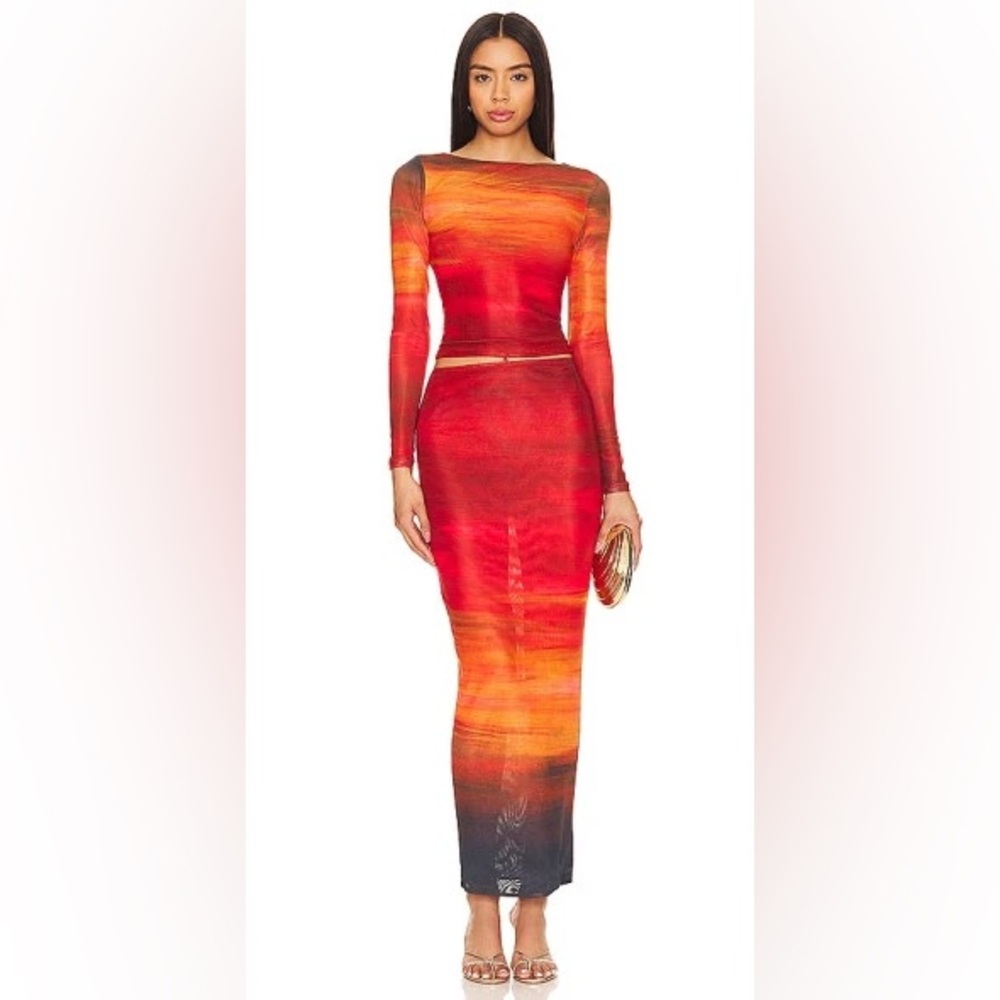 Farai London Red & Orange Ombre Long Sleeve Midi Dress